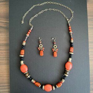 Vintage 80's Orange Aux Agate Wood Bead Necklace Earrings Set W/ Brass Accents
